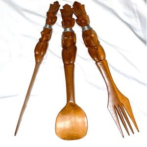 Vintage African Folk Art Fork & Spoon Hand Carved Wood Salad 3 Pcs Set Wooden
